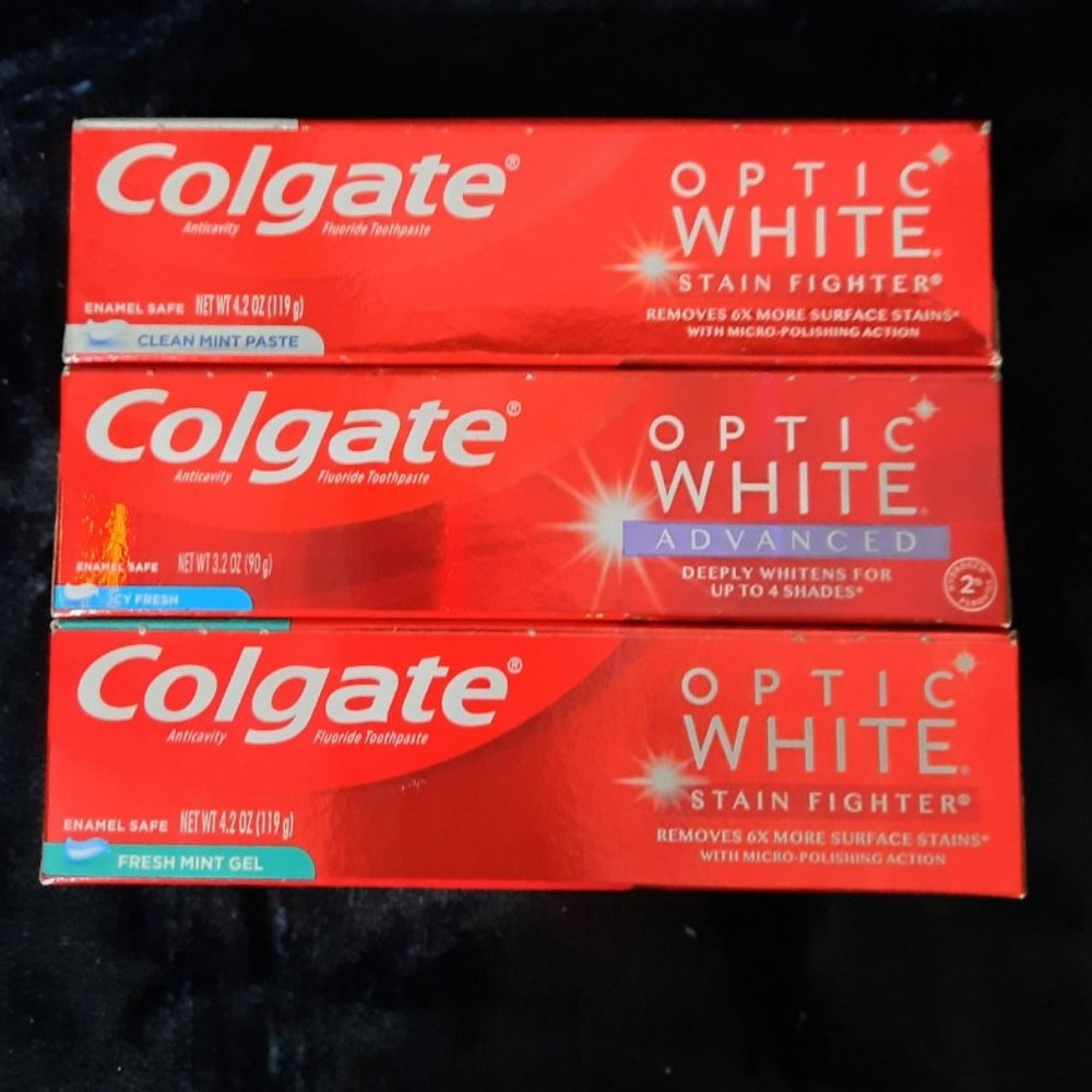 🟣 $ 6.00 COLGATE OPTIC WHITE PASTE ADVANCED STAIN FIGHTER SET OF 3